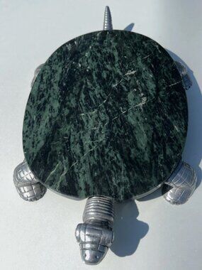 VINTAGE 1980s GREEN MARBLE TURTLE CHEESE BOARD SERVING TRAY (WITH CHEESE KNIFE)